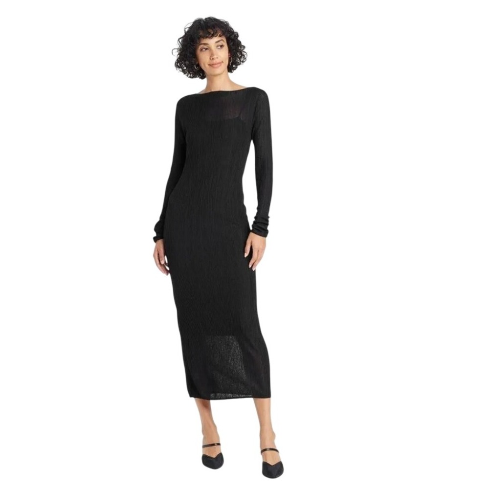 Womens Long Sleeve Sheer Maxi Sweater Dress‎ Black Ribbed Knit Boat Neck
